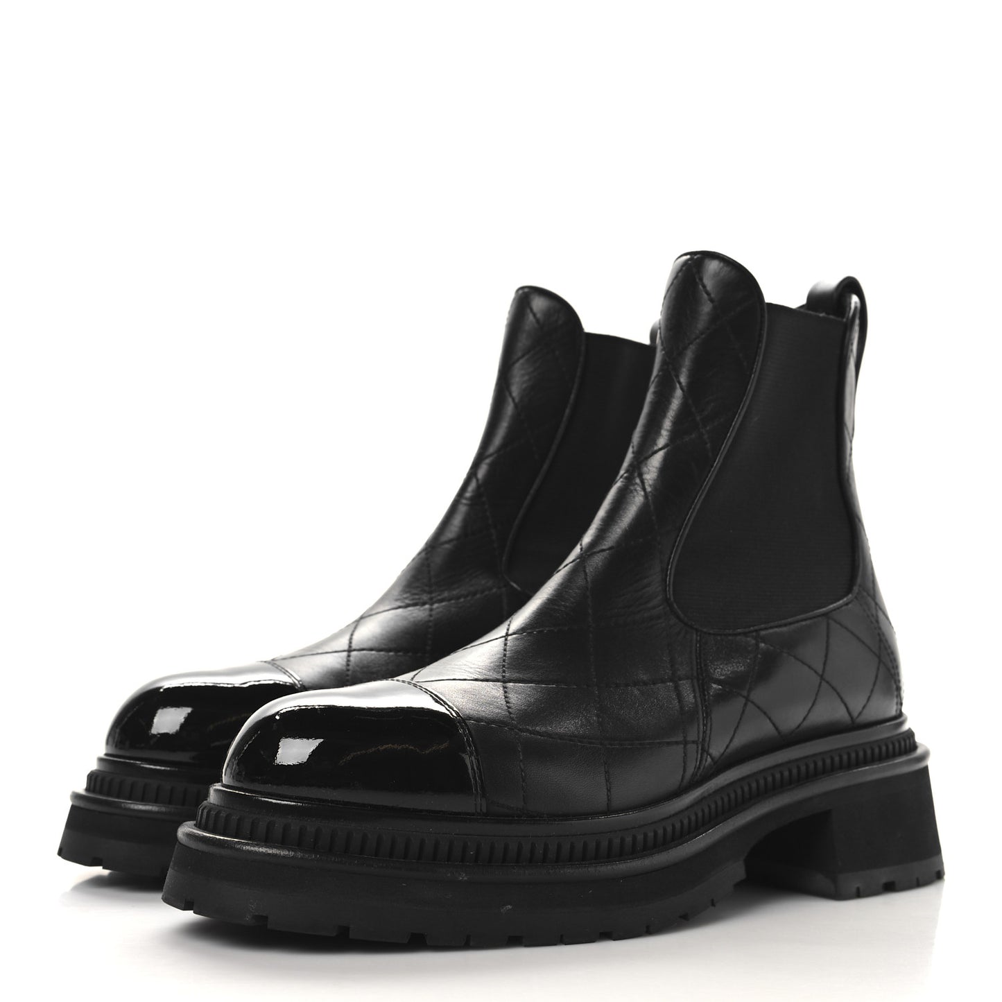 Calfskin Patent Cap Toe Quilted Short Boots 39 Black