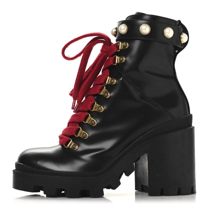 Gucci Magnum Calfskin Pearl Lace Up Combat Ankle Boots 36.5 Black 1 of 9