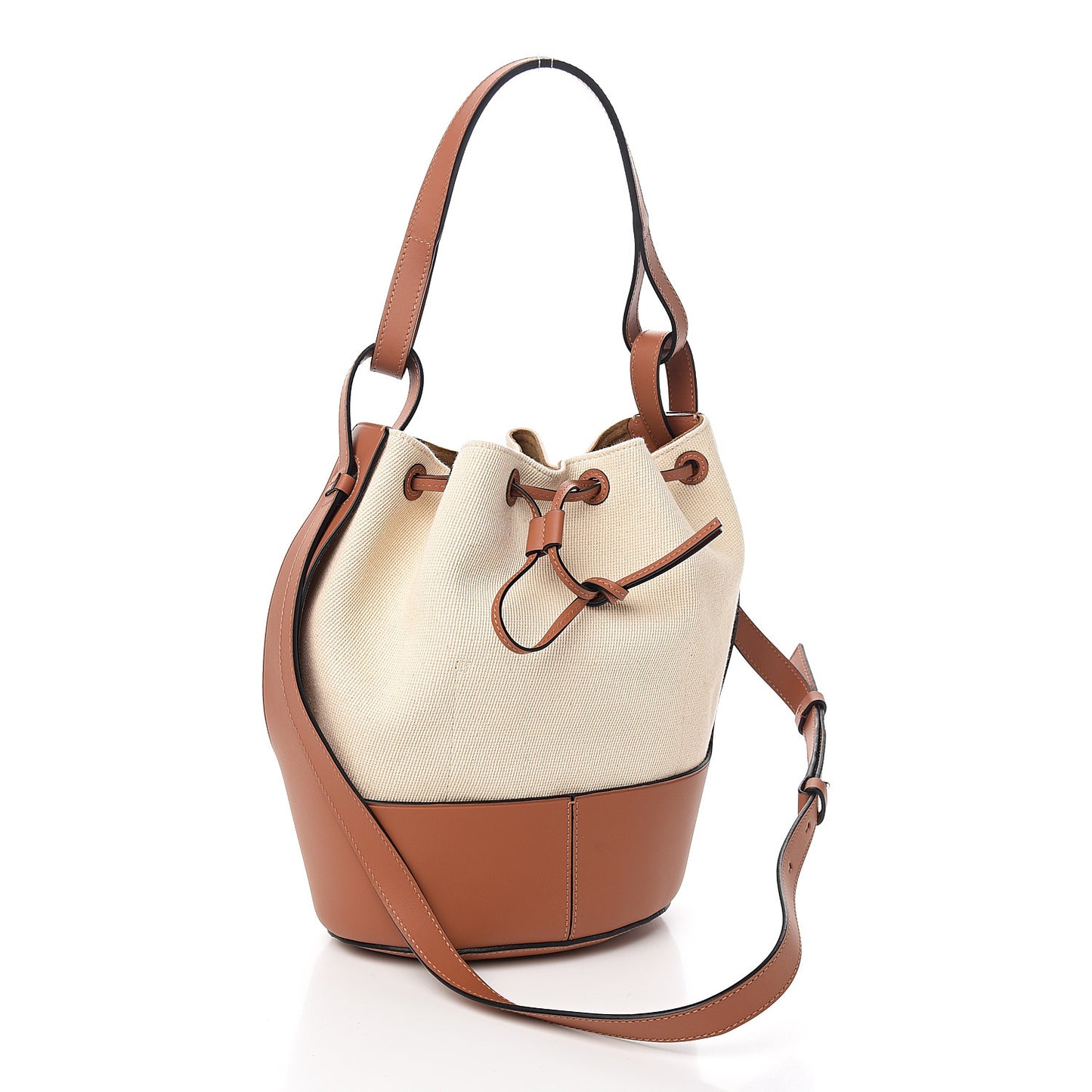 Canvas Calfskin Balloon Bucket Bag Ecru Tan