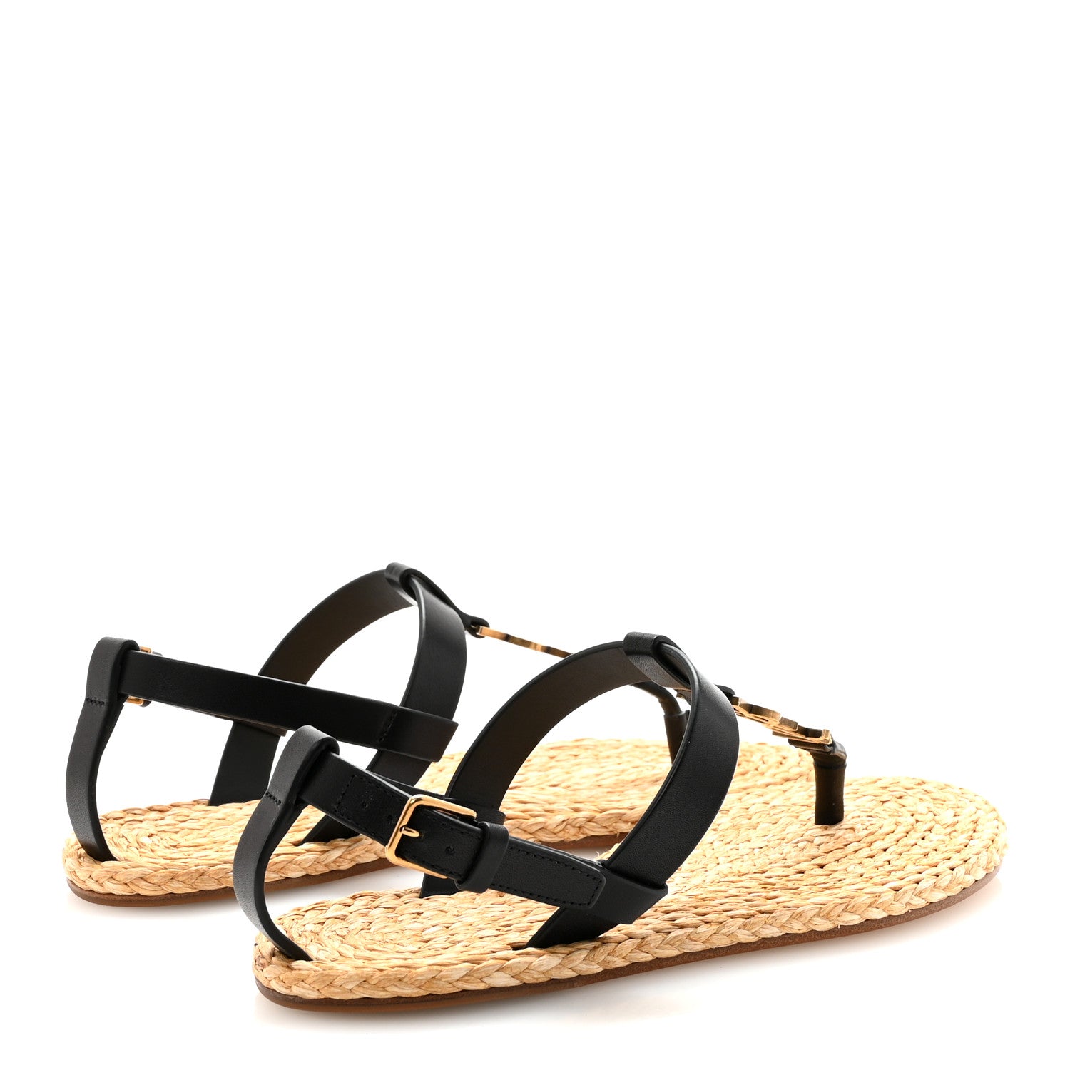 Saint Laurent Calfskin Raffia Cassandra Monogram Sandals 35 Black 5 of 9