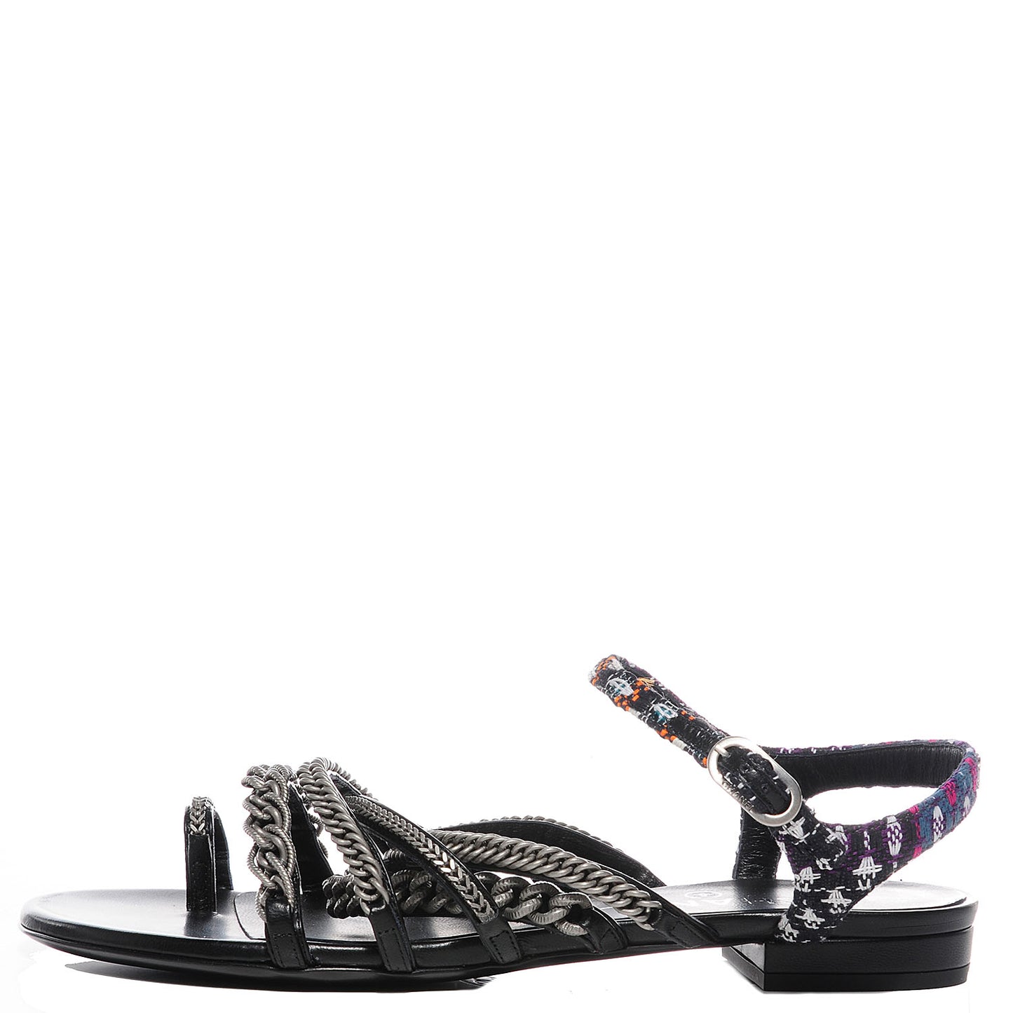 Tweed Chain Flat Sandals 38 Black