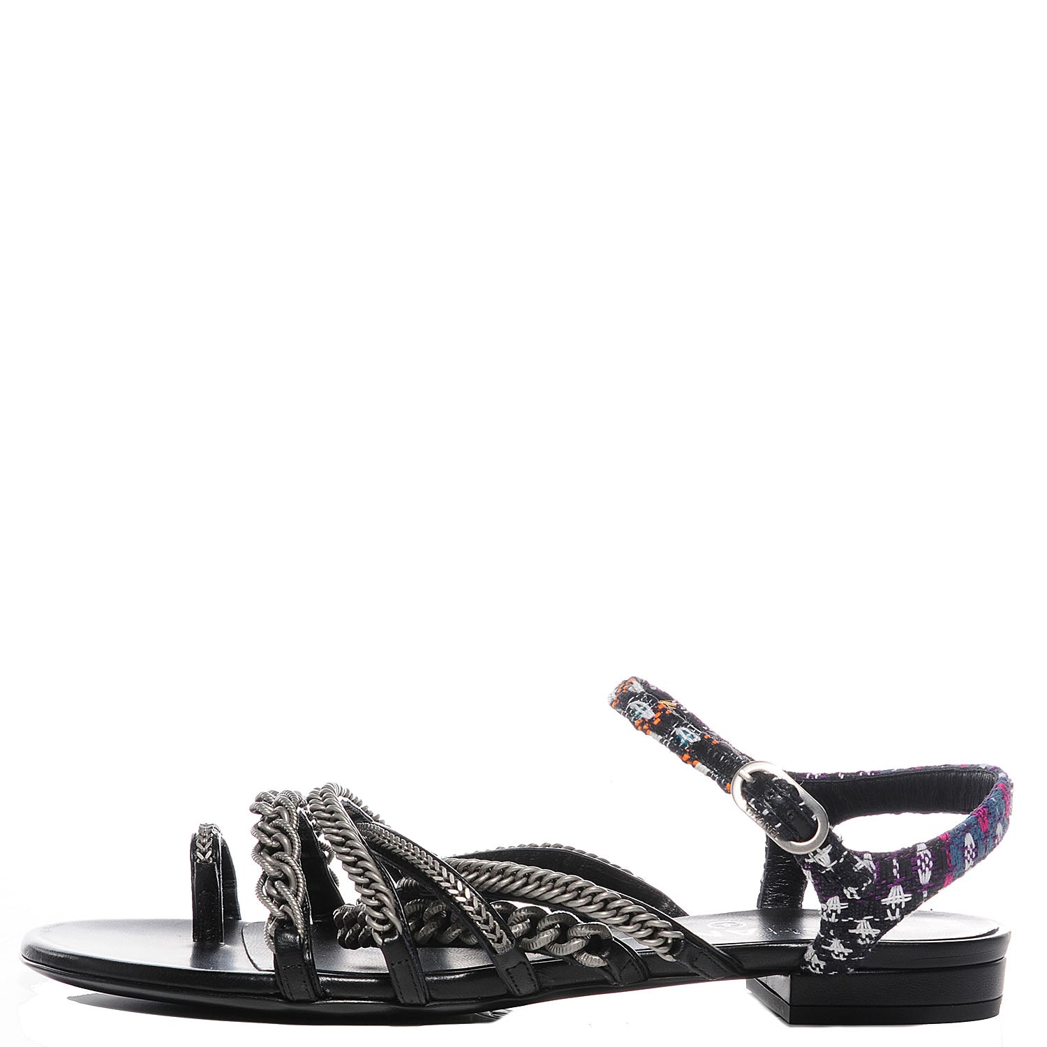 Chanel Tweed Chain Flat Sandals 38 Black 1 of 7