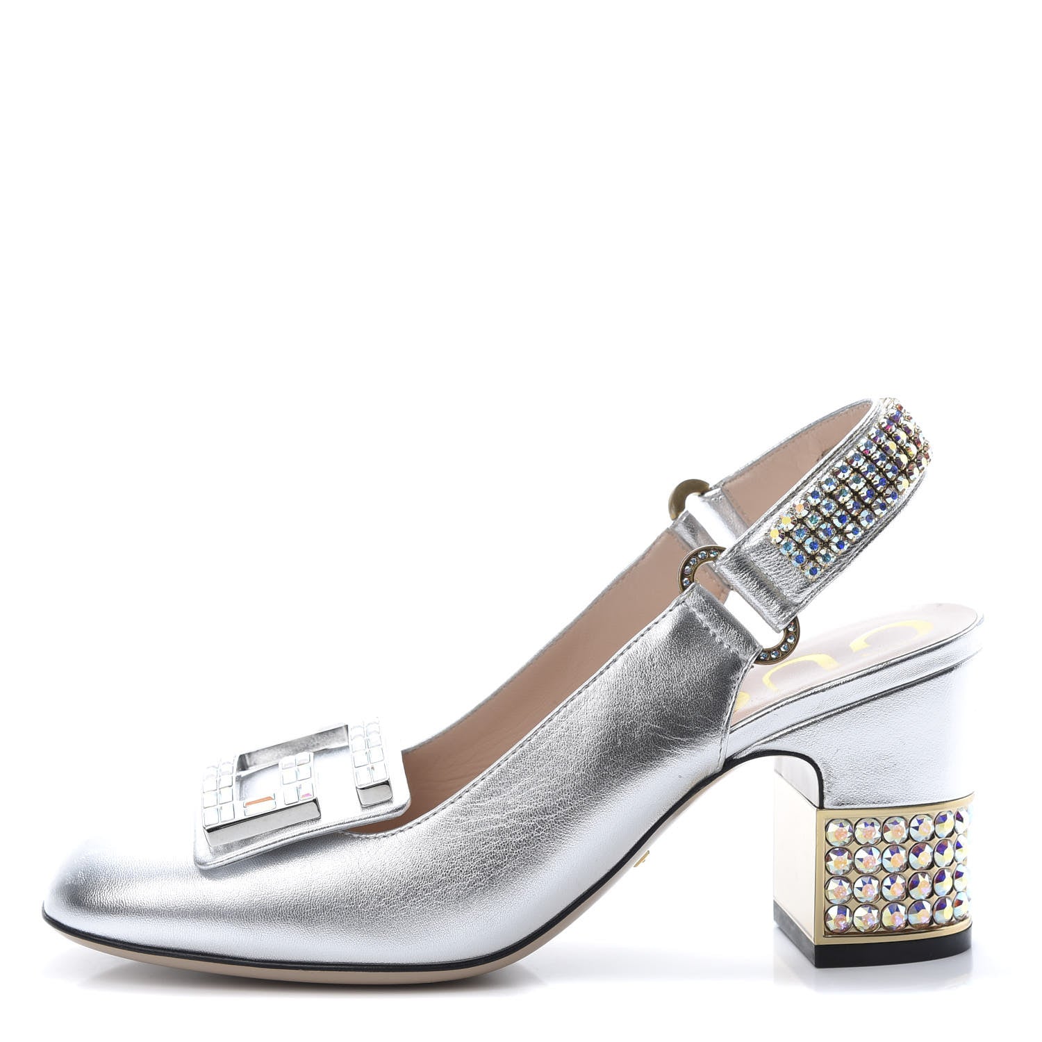 Gucci Metallic Nappa Crystal Square G Madelyn Slingbacks 35.5 Silver 1 of 10