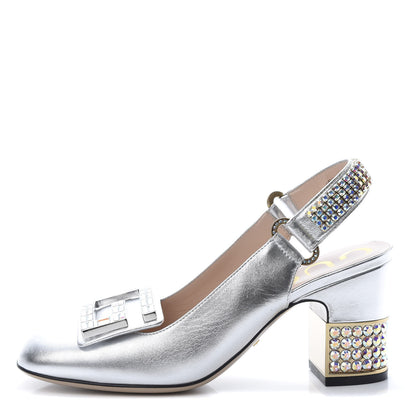 Gucci Metallic Nappa Crystal Square G Madelyn Slingbacks 35.5 Silver 1 of 10