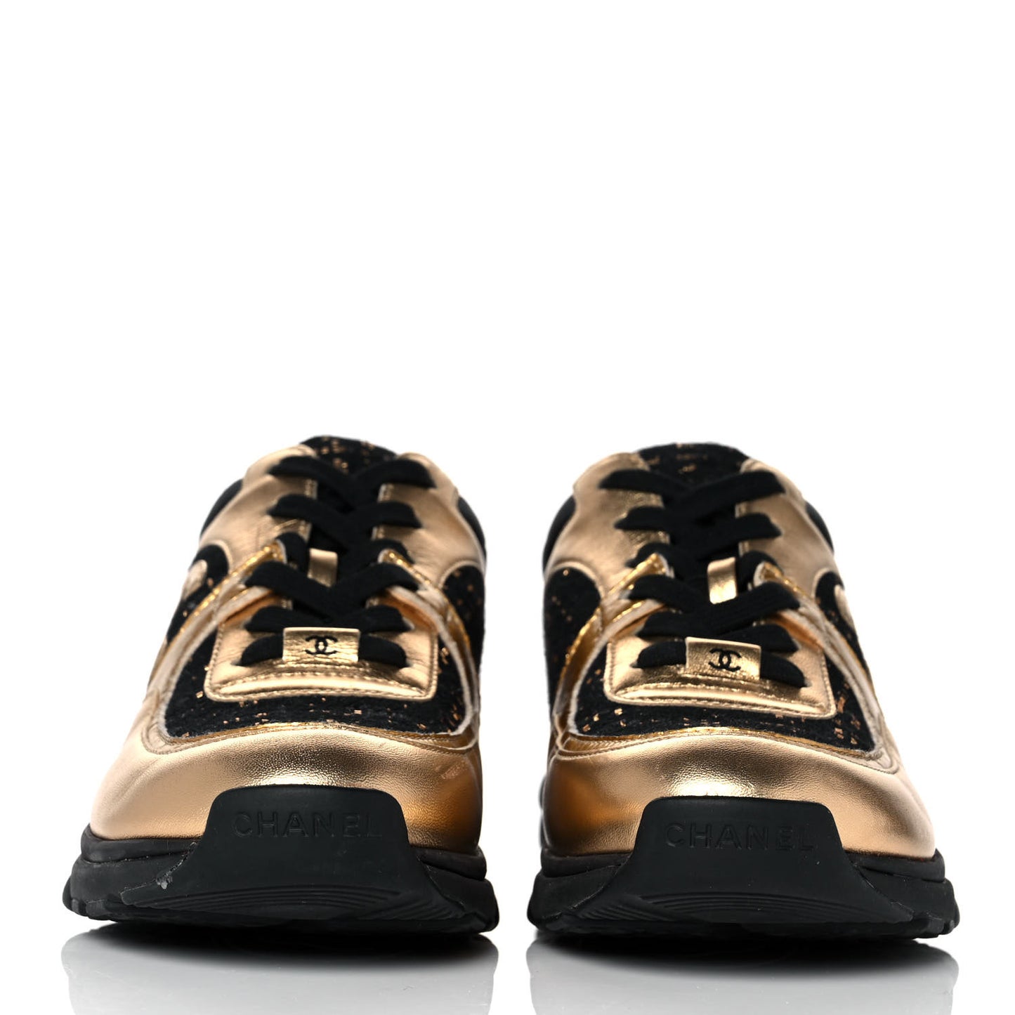 Satin Lambskin Fabric Tweed CC Sneakers 38.5 Gold Black