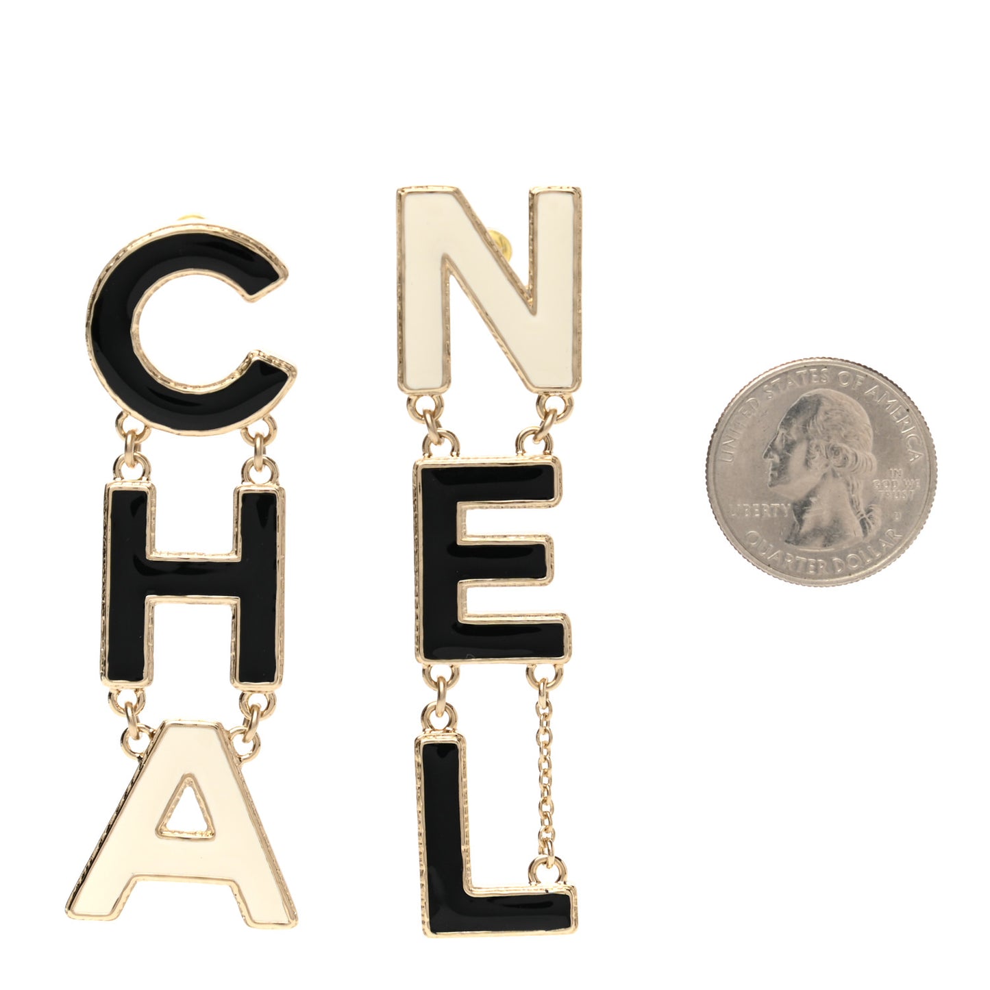 Metal Enamel Cha-Nel Logo Drop Earrings Black White