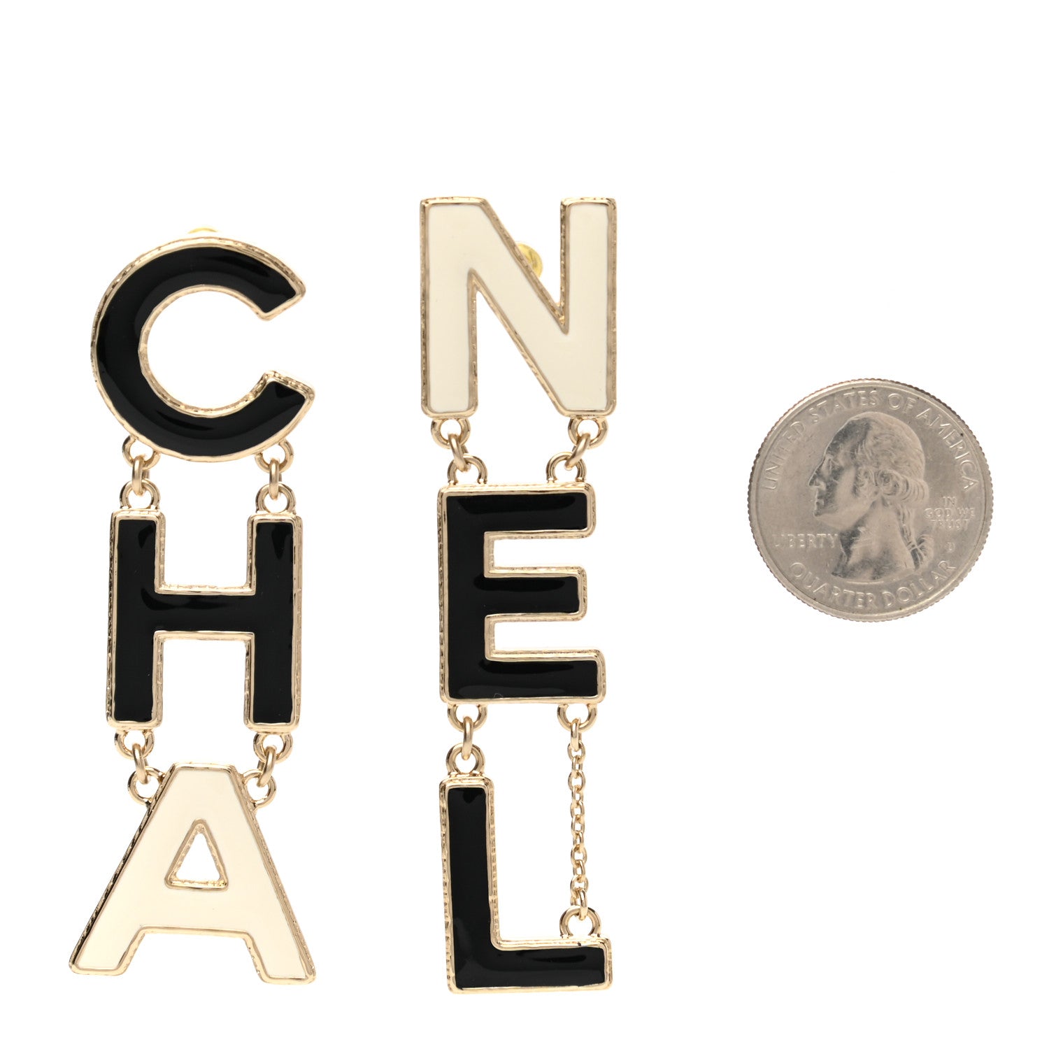 Chanel Metal Enamel Cha-Nel Logo Drop Earrings Black White 2 of 5