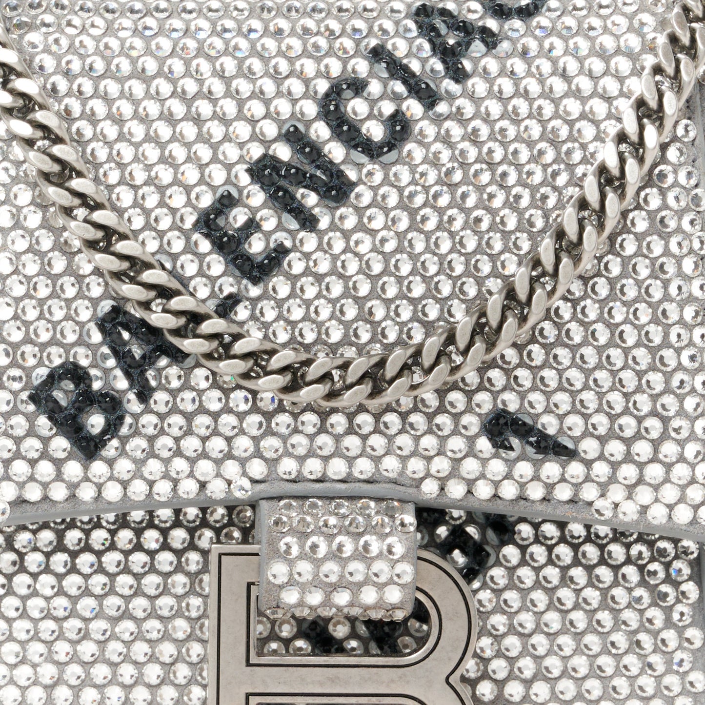 Strass Suede Allover Logo Hourglass Top Handle Bag XS with Chain Silver Black