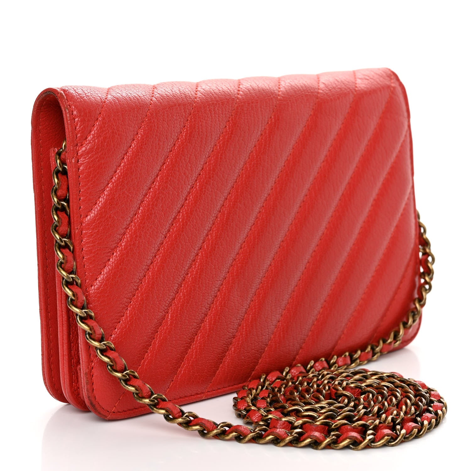 Chanel Goatskin Diagonal Quilted Wallet On Chain WOC Red 3 of 12
