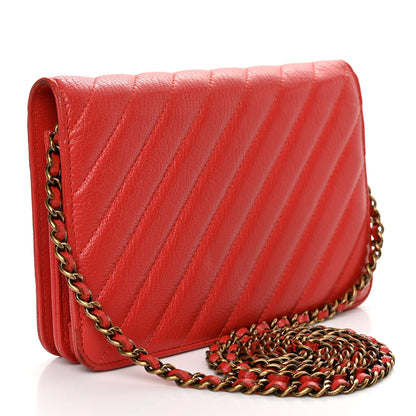 Chanel Goatskin Diagonal Quilted Wallet On Chain WOC Red 3 of 12