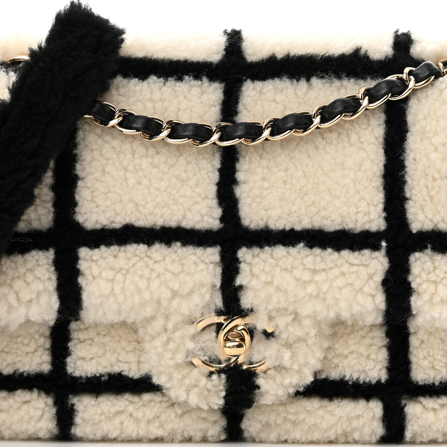 Chanel Shearling Lambskin Large Fluffy Tartan Single Flap White Black 8 of 13