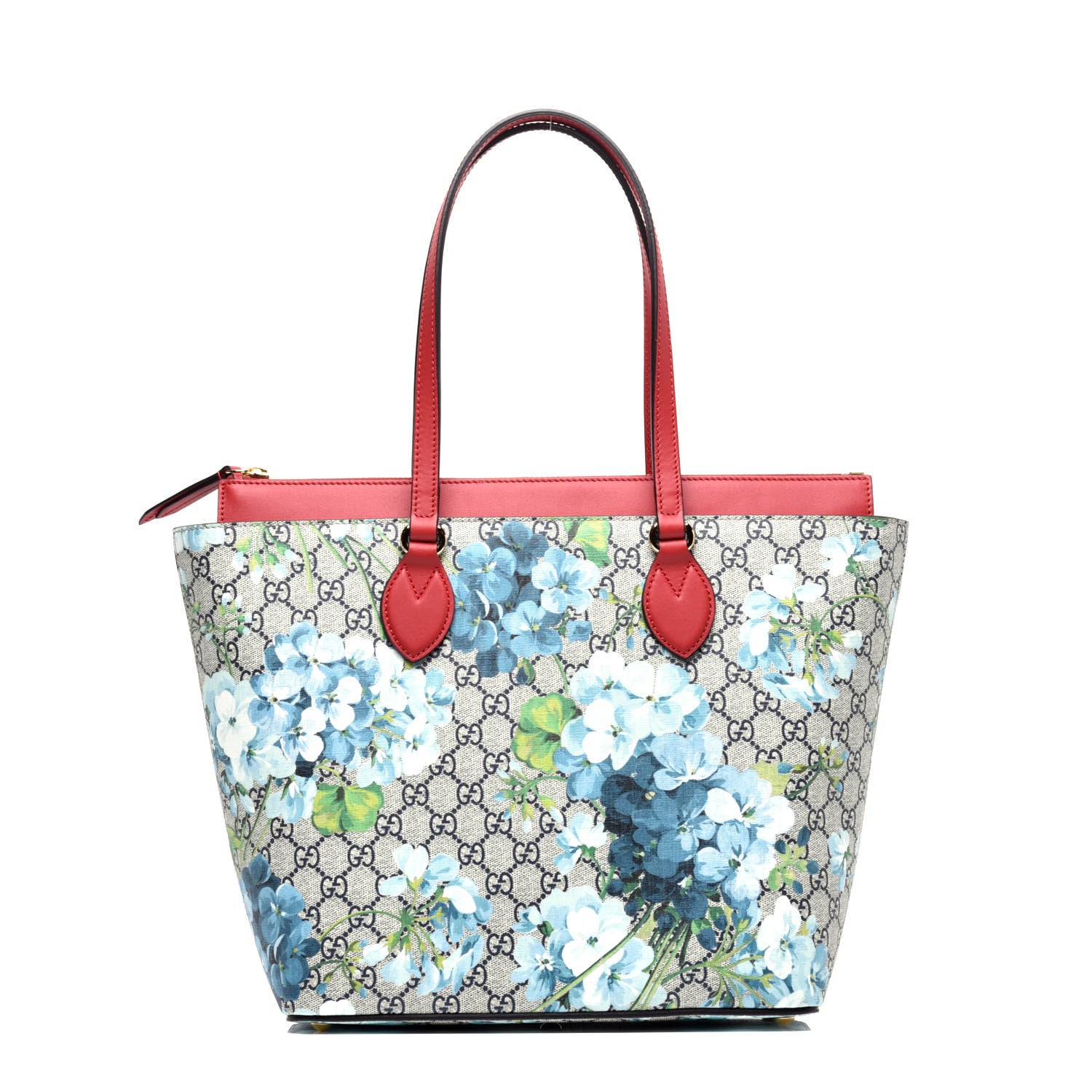 Gucci GG Supreme Monogram Blooms Medium Zippered Bucket Tote Beige Blue Navy Hibiscus Red 1 of 9