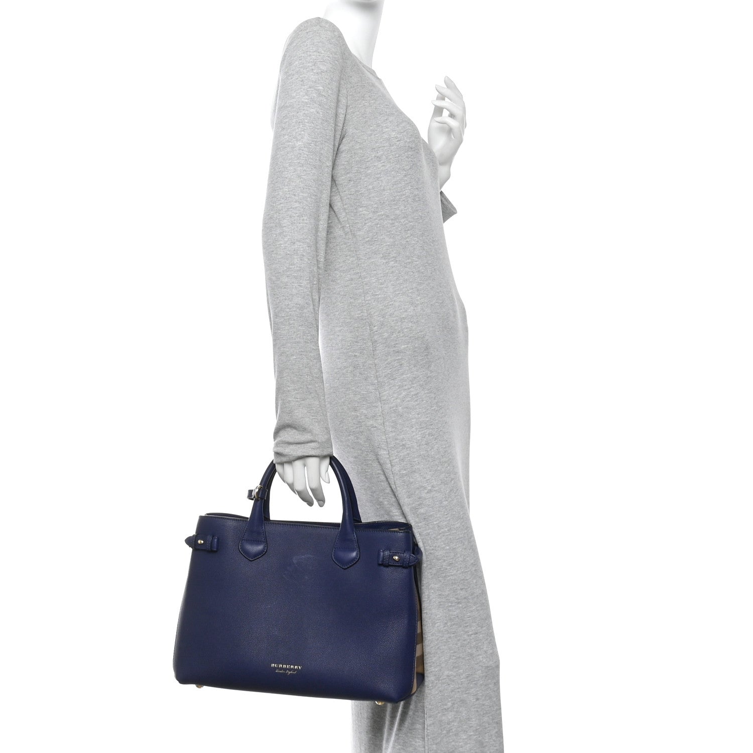 Burberry Derby Calfskin House Check Medium Banner Tote Ink Blue