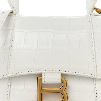 Balenciaga Shiny Calfskin Crocodile Embossed Hourglass Top Handle Bag XS Optic White 7 of 9