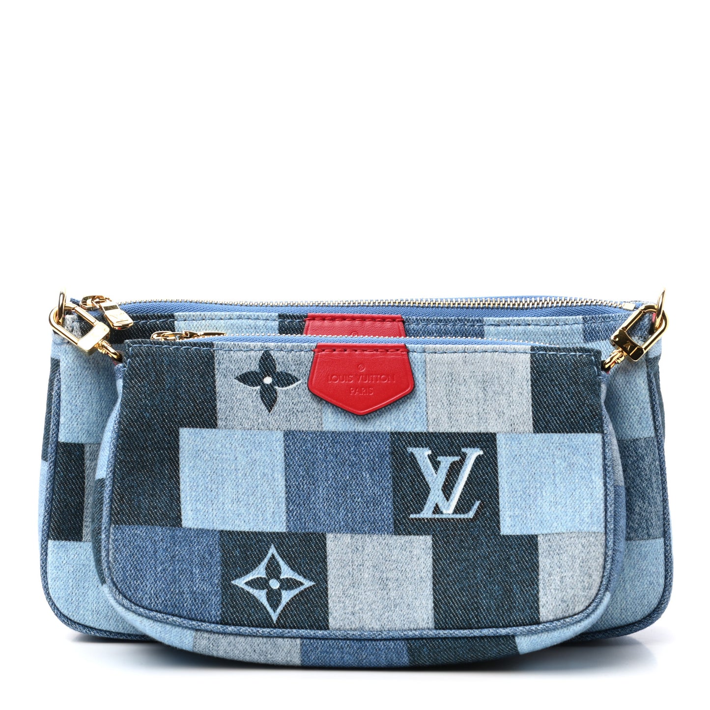 Denim Damier Monogram Patchwork Multi Pochette Accessories Blue Rouge
