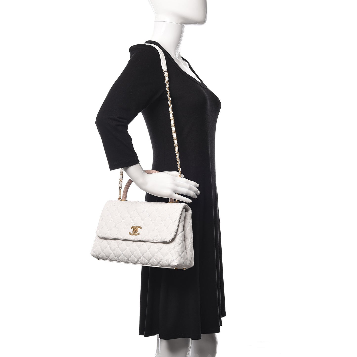 Caviar Lizard Quilted Small Coco Handle Flap White Beige
