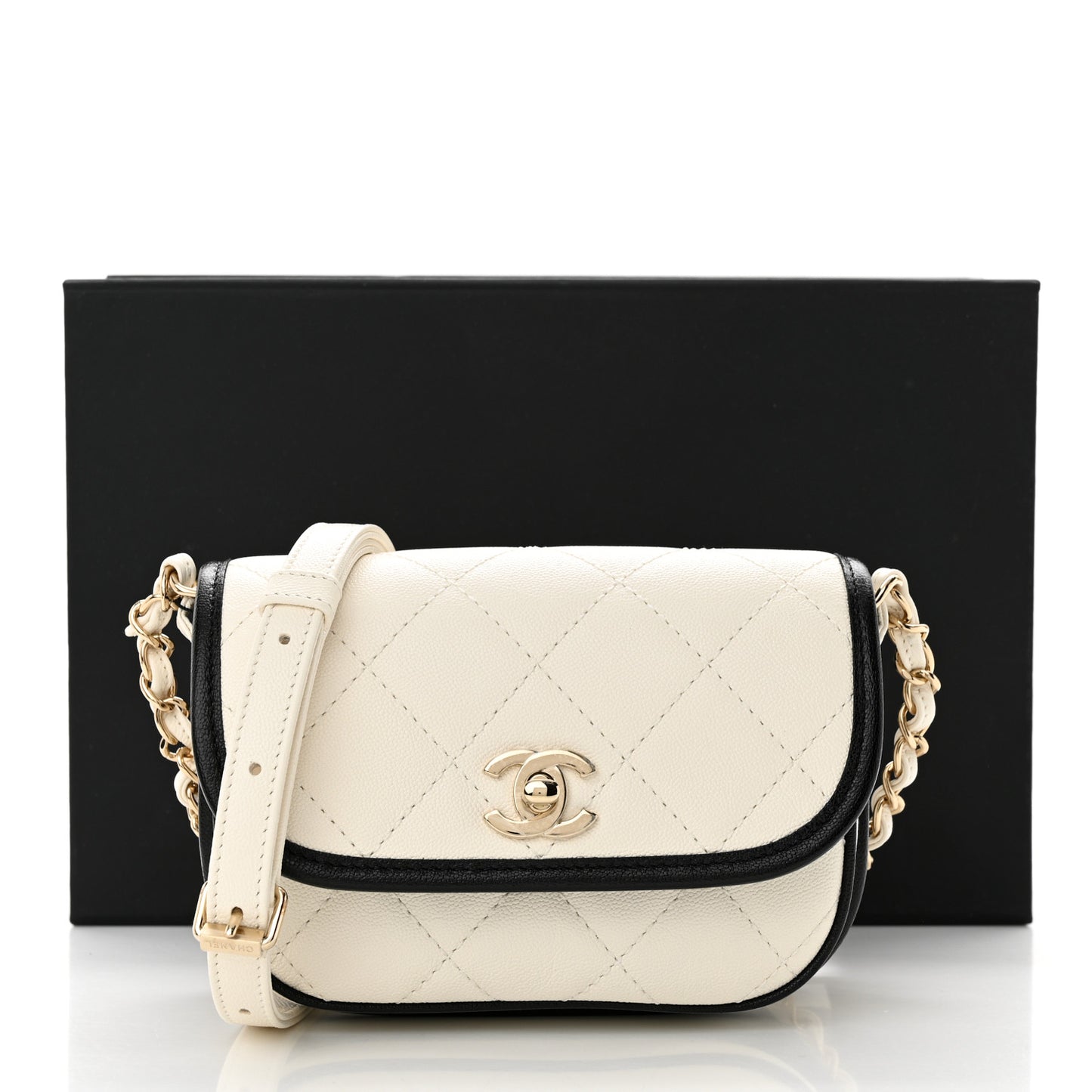 Caviar Quilted Mini Round Messenger Flap White Black