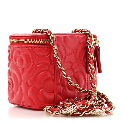 Chanel Lambskin Camellia Embossed Mini Vanity Case With Chain Red 3 of 14