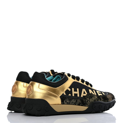 Chanel Metallic Lambskin Satin Finish Womens CC Sneakers 37 Black Gold 4 of 8