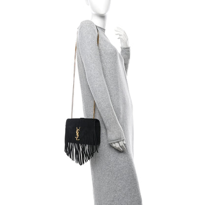 Saint Laurent Suede Fringe Small Monogram Satchel Black 2 of 11
