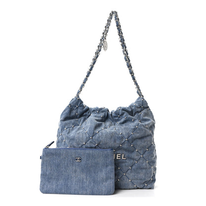 Chanel Washed Denim Quilted Studded Small Chanel 22 Blue 3 of 11