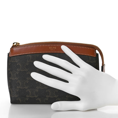 Celine Triomphe Canvas Calfskin Cosmetic Pouch Tan 2 of 7