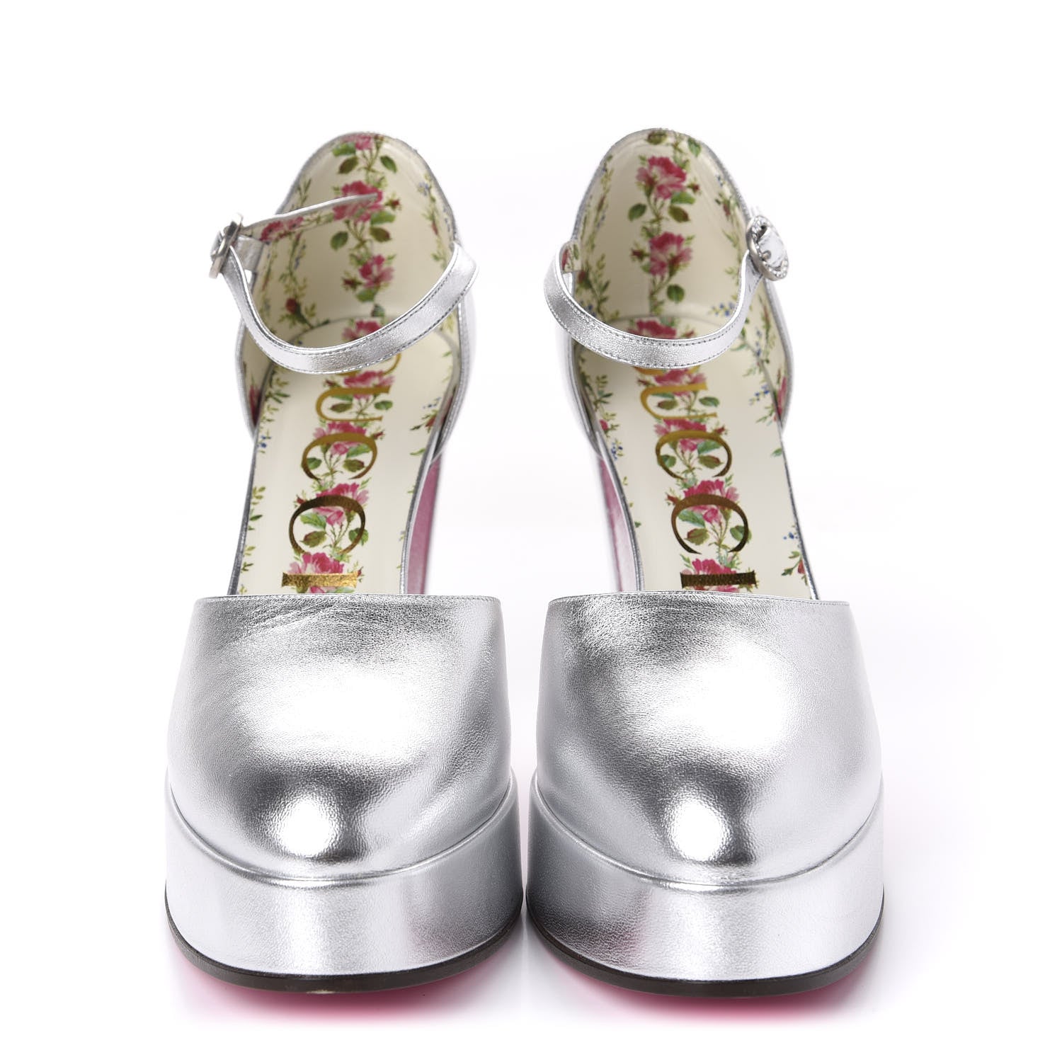 Gucci Metallic Nappa Ankle Strap Platform Pumps 38.5 Argento 2 of 13