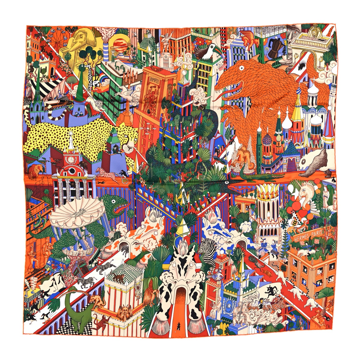 Hermes Silk Animapolis Scarf 90 Orange Vert Bleu 1 of 5
