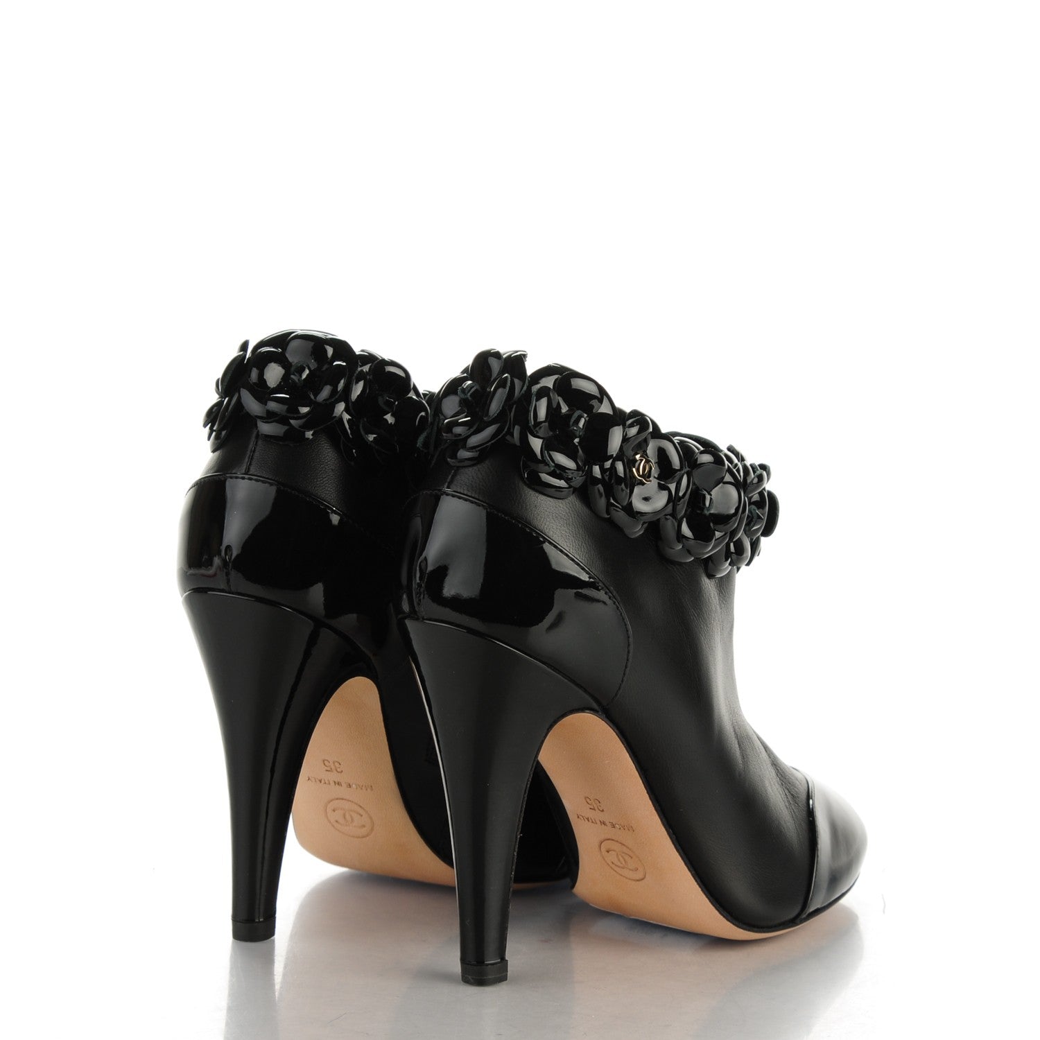 Chanel Lambskin Patent Calfskin Cap Toe Camellia Short Boots 35 Black 4 of 7