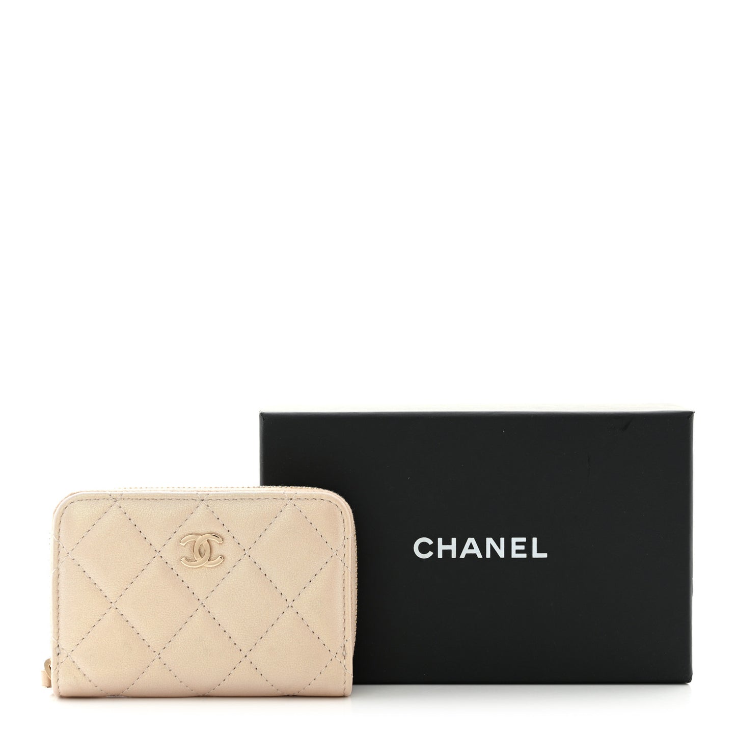 Iridescent Calfskin Quilted Zip Coin Purse Wallet Beige