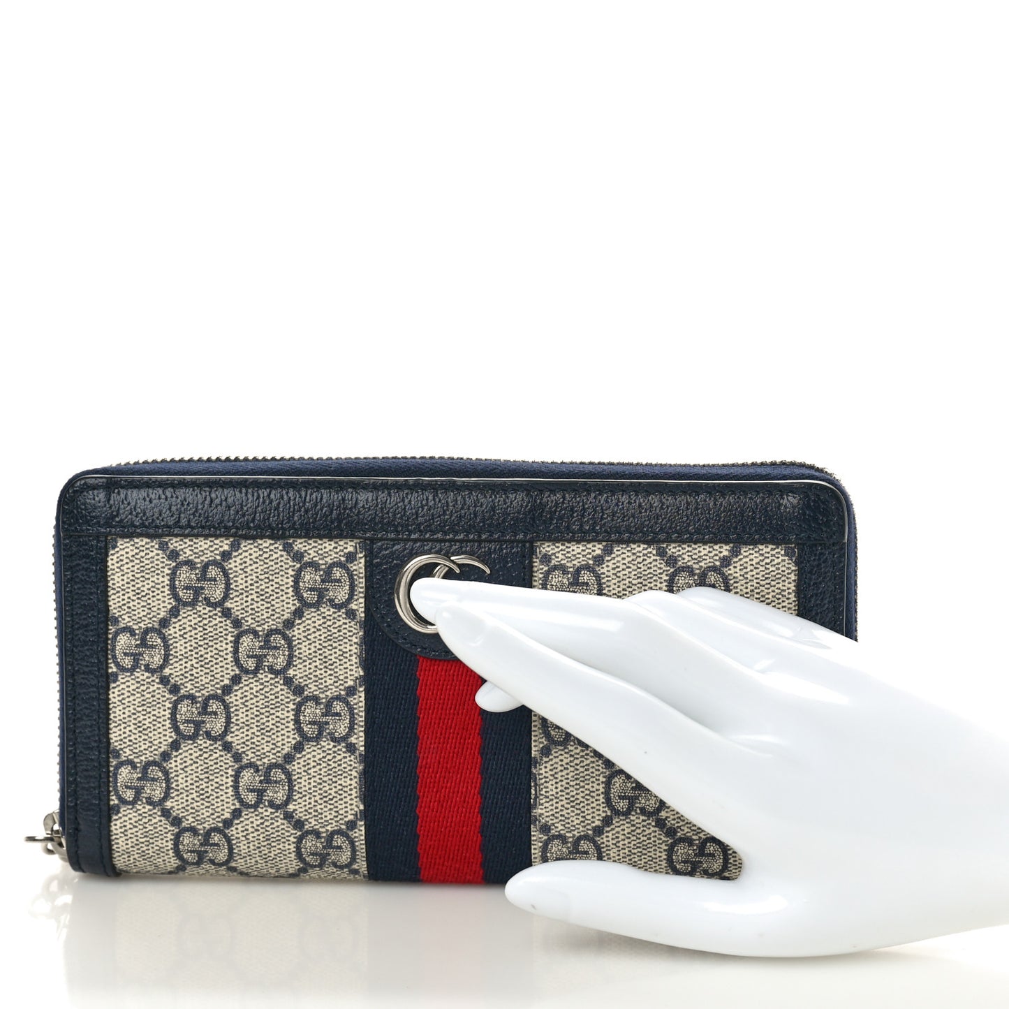 GG Supreme Monogram Textured Dollar Calfskin Web Ophidia Zip Around Wallet Beige Blue