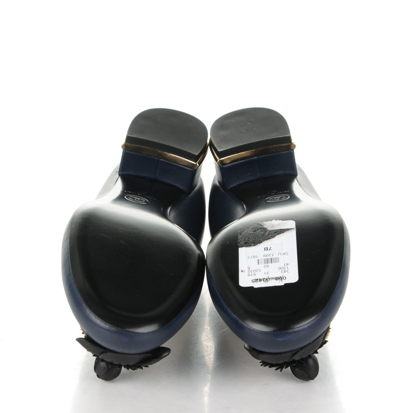 Lambskin Patent Calfskin Pearl Camellia Cap Toe Pumps 37 Dark Navy Blue