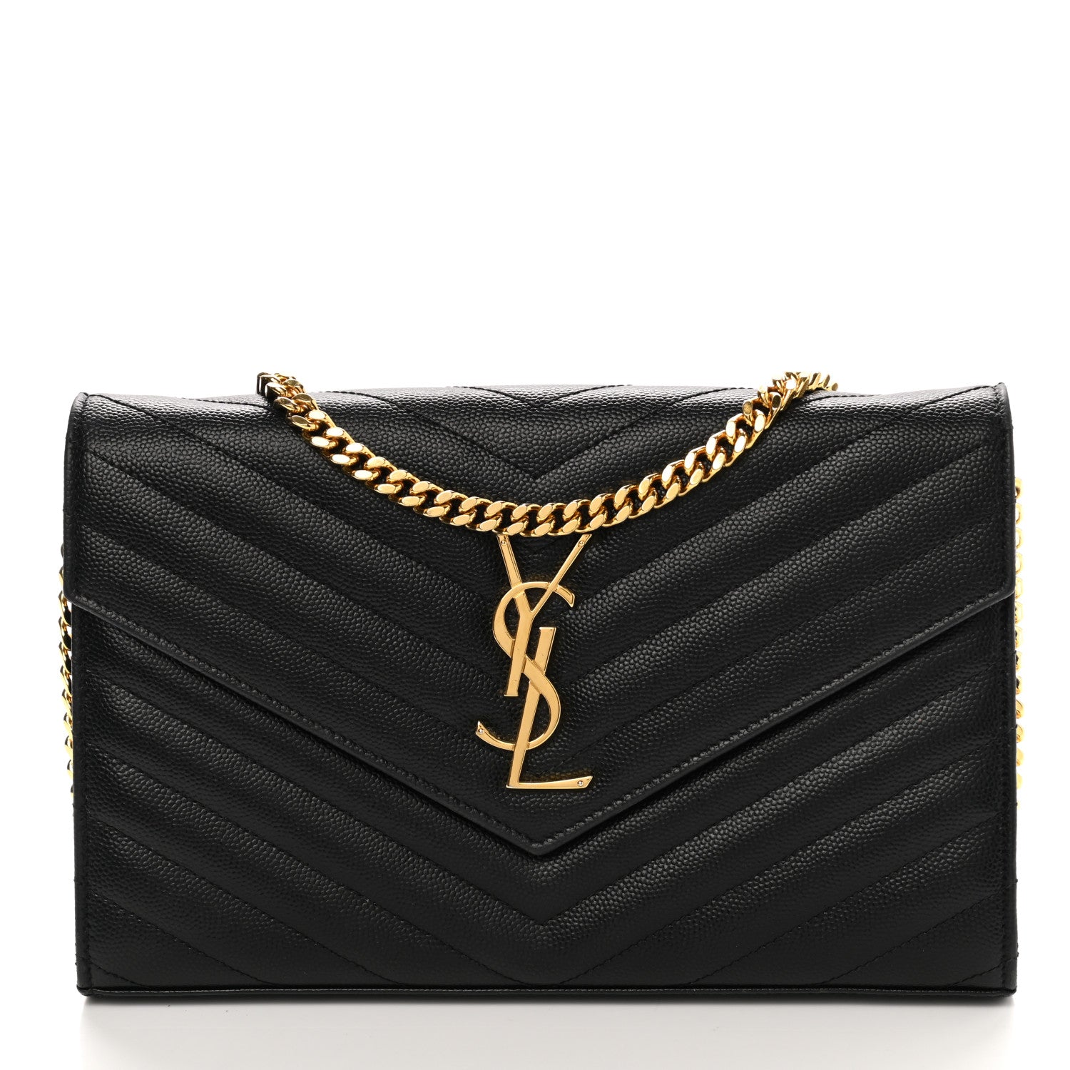 Saint Laurent Grain De Poudre Matelasse Chevron Monogram Chain Wallet Black 1 of 12