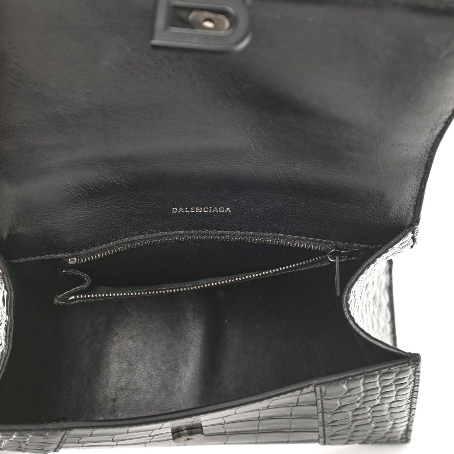 Shiny Calfskin Monochrome Crocodile Embossed Small Hourglass Top Handle Bag Black