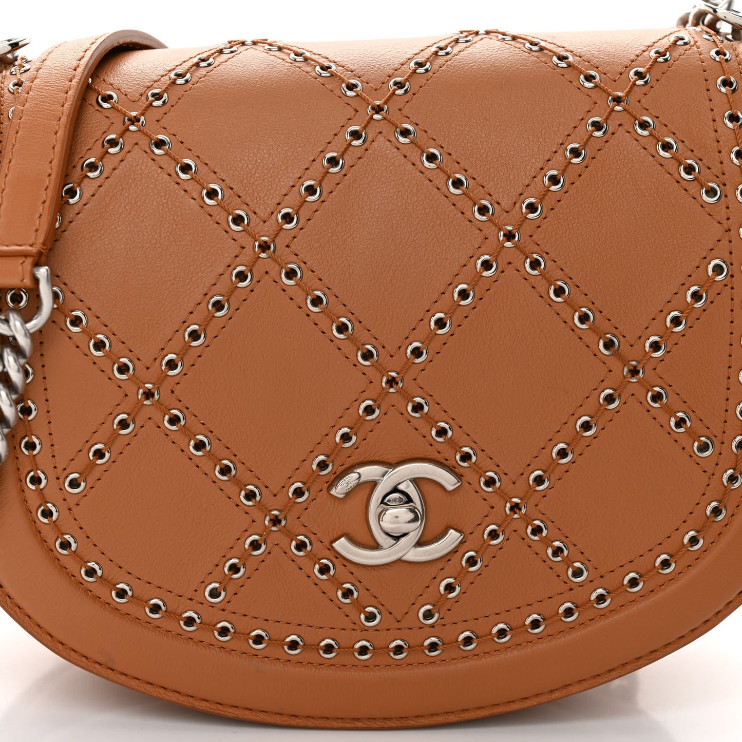 Calfskin Coco Eyelets Small Flap Bag Camel
