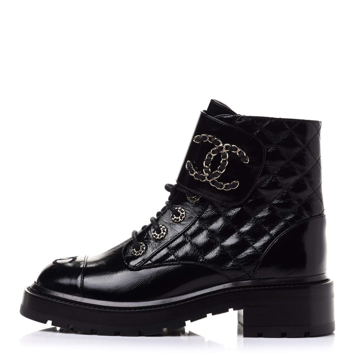 Shiny Calfskin Quilted Lace Up Combat Boots 37 Black