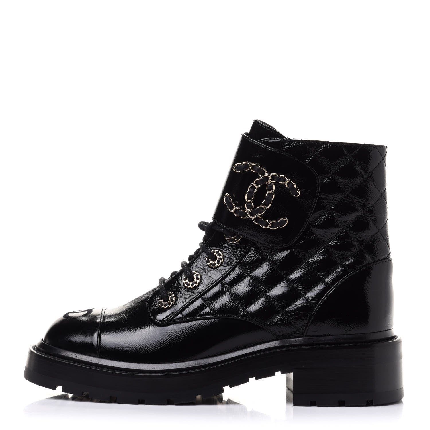 Chanel Shiny Calfskin Quilted Lace Up Combat Boots 37 Black 1 of 10