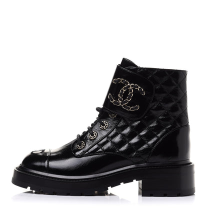 Chanel Shiny Calfskin Quilted Lace Up Combat Boots 37 Black 1 of 10