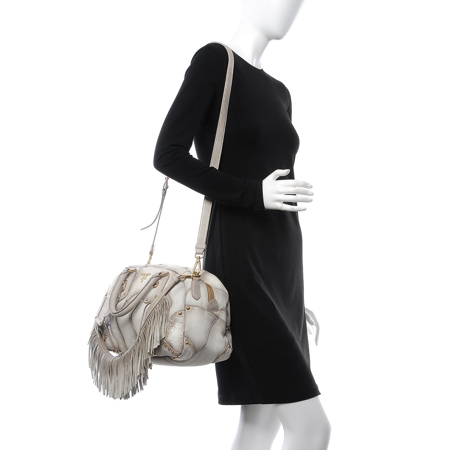 Prada Cervo Patchwork Fringe Bowler Bianco 2 of 9