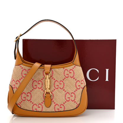 Gucci Raffia Textured Dollar Calfskin GG Monogram Small Jackie 1961 Hobo Natural Bright Hibiscus Sun Oil 13 of 13