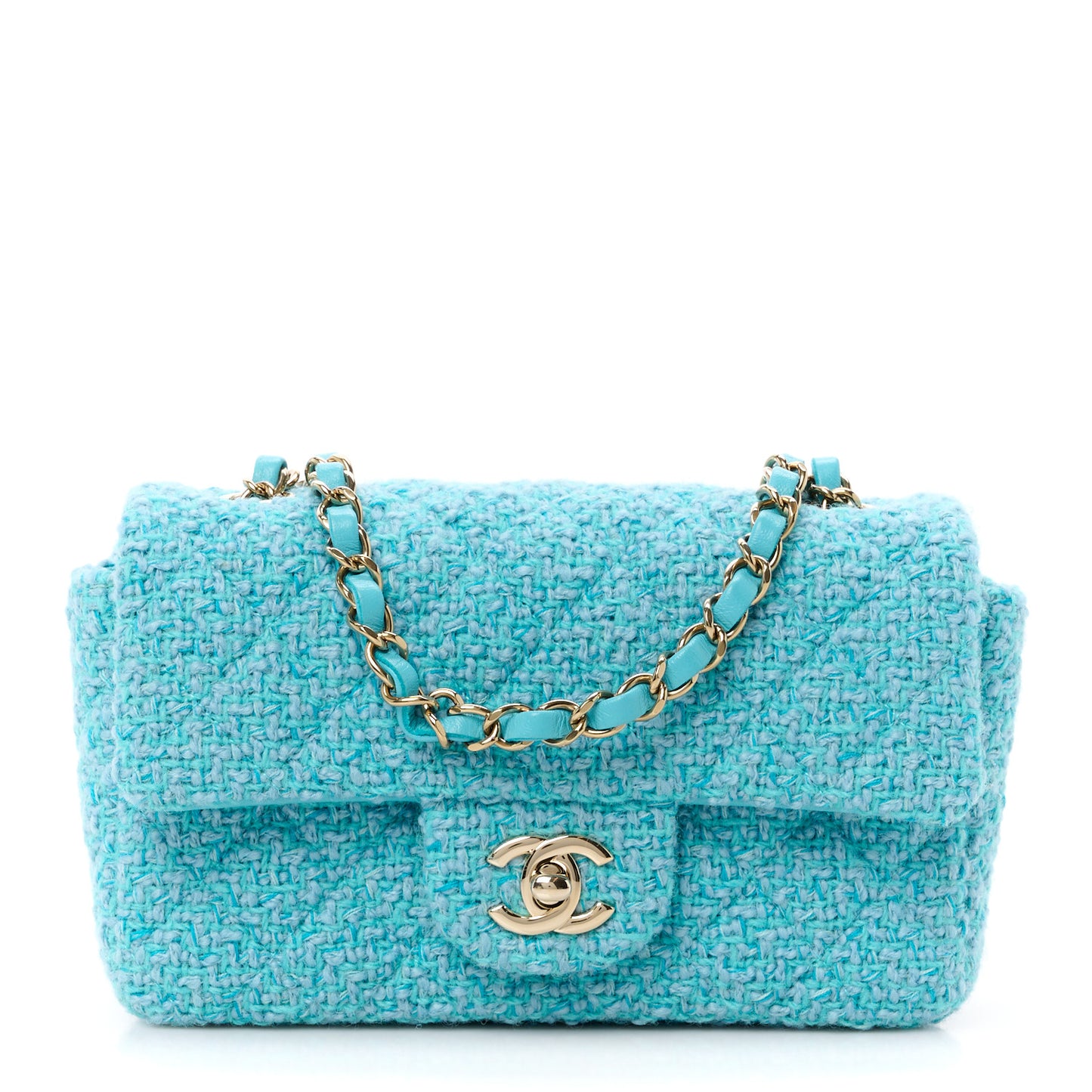 Wool Tweed Quilted Mini Rectangular Flap Turquoise Light Blue