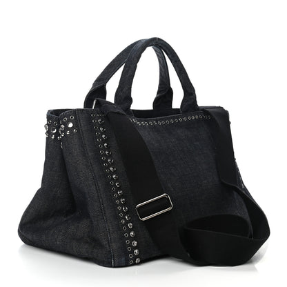 Prada Denim Crystal Studded Canapa Tote Black 3 of 11