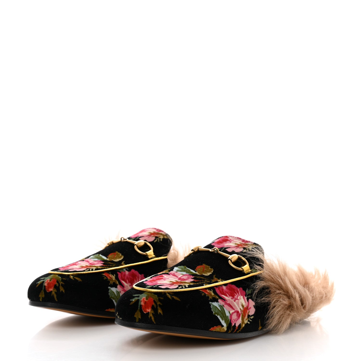 Gucci Velvet Fur Floral Princetown Slippers 38 Black 3 of 8