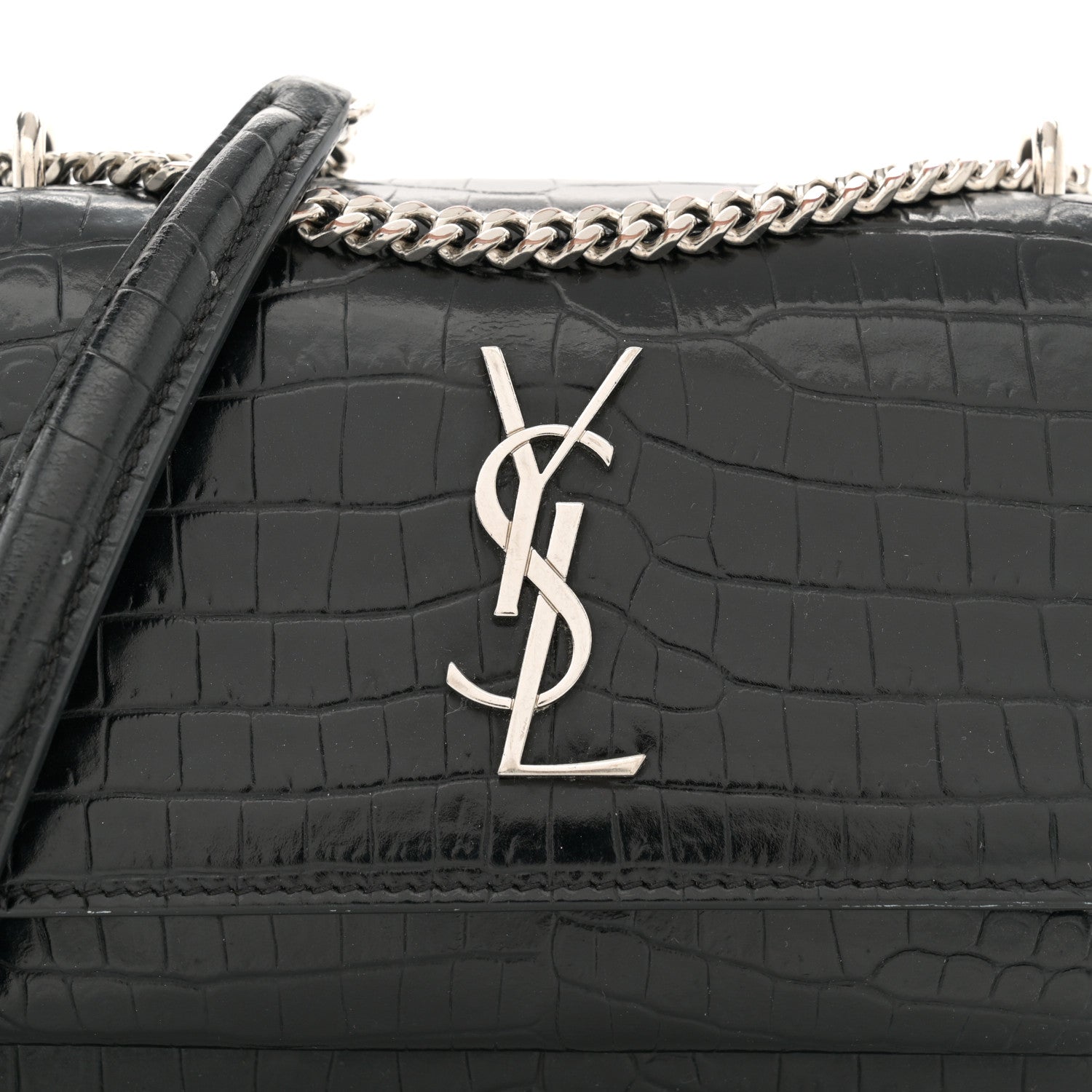 Saint Laurent Calfskin Crocodile Embossed Monogram Sunset Chain Wallet Black 7 of 13