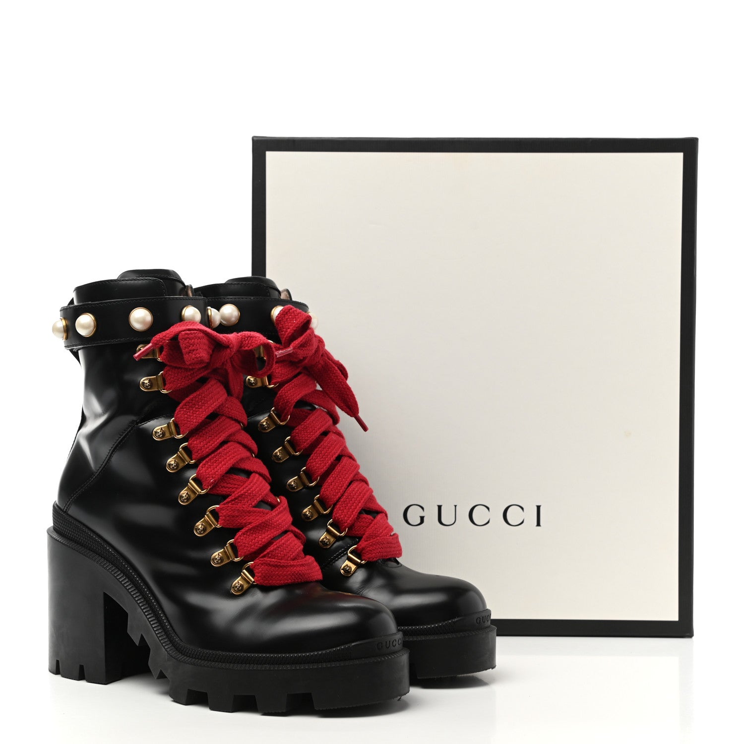 Gucci Magnum Calfskin Pearl Lace Up Combat Ankle Boots 39 Black 9 of 9