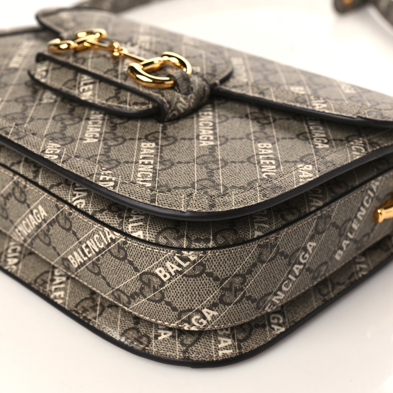 Gucci X BALENCIAGA GG Supreme Monogram Logo Print Horsebit 1955 Shoulder Bag Beige Ebony 9 of 9