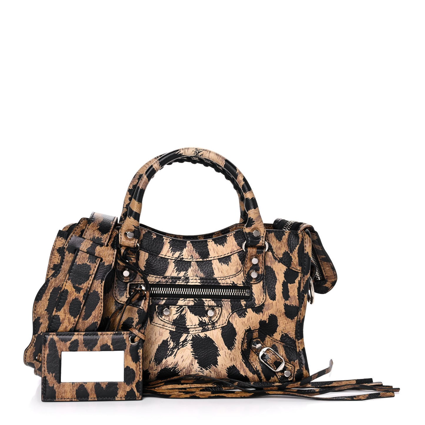 Smooth Calfskin Leopard Print Classic Silver Hardware Mini City Beige
