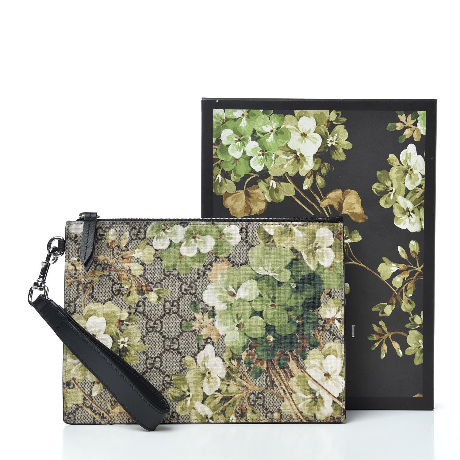 Gucci GG Supreme Monogram Blooms Small Zip Wristlet Pouch Beige New Military Black 6 of 6