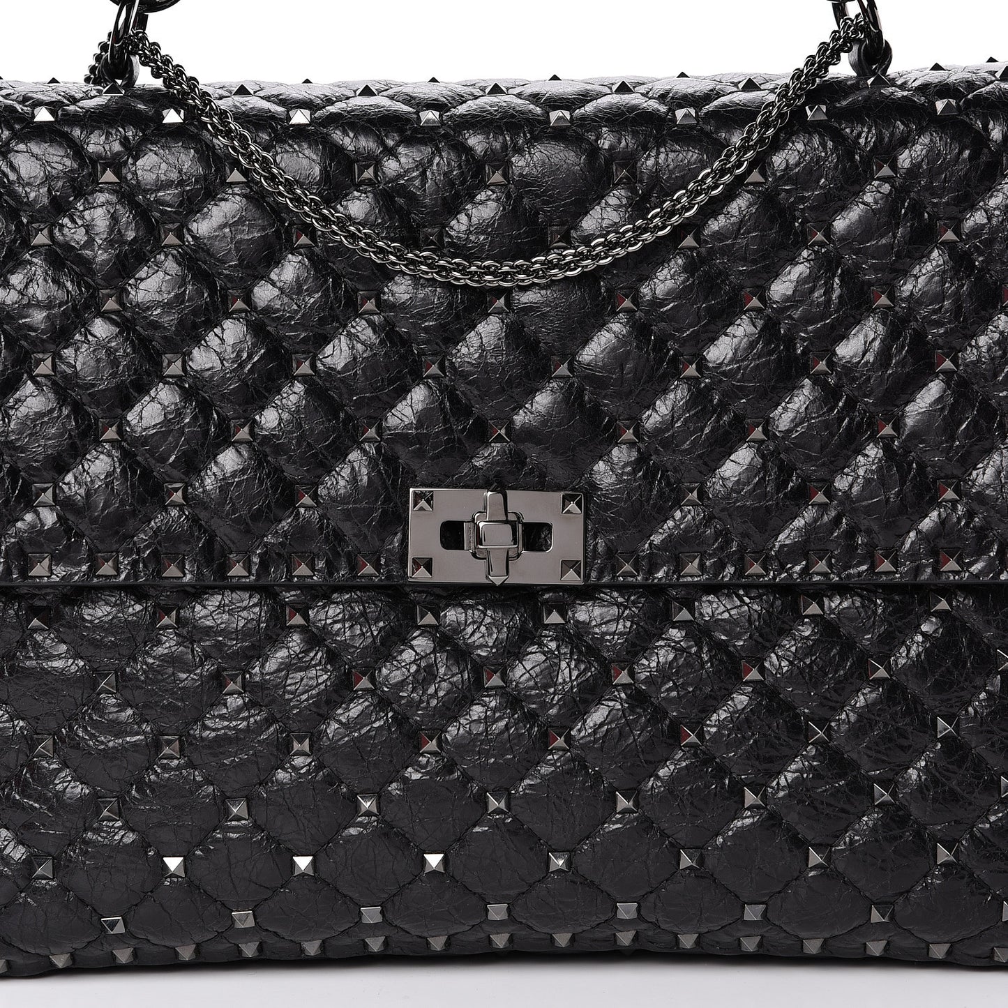 Craquele Nappa Large Rockstud Spike Shoulder Bag Black