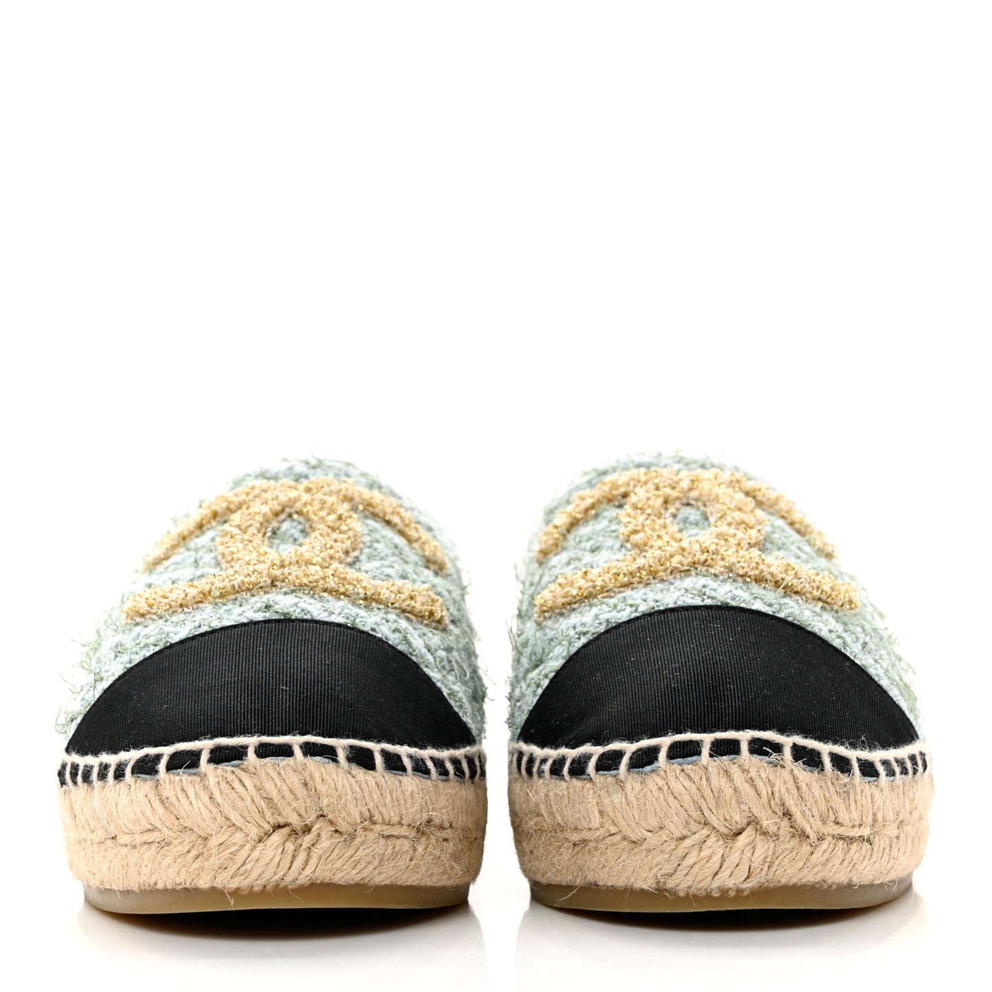 Tweed Grosgrain CC Espadrilles 37 Light Blue Green Black